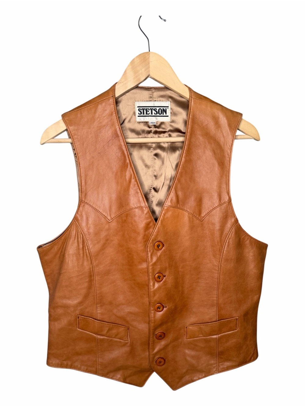 STETSON Vintage 80s Cognac Leather Western Vest - Picture 2 of 14